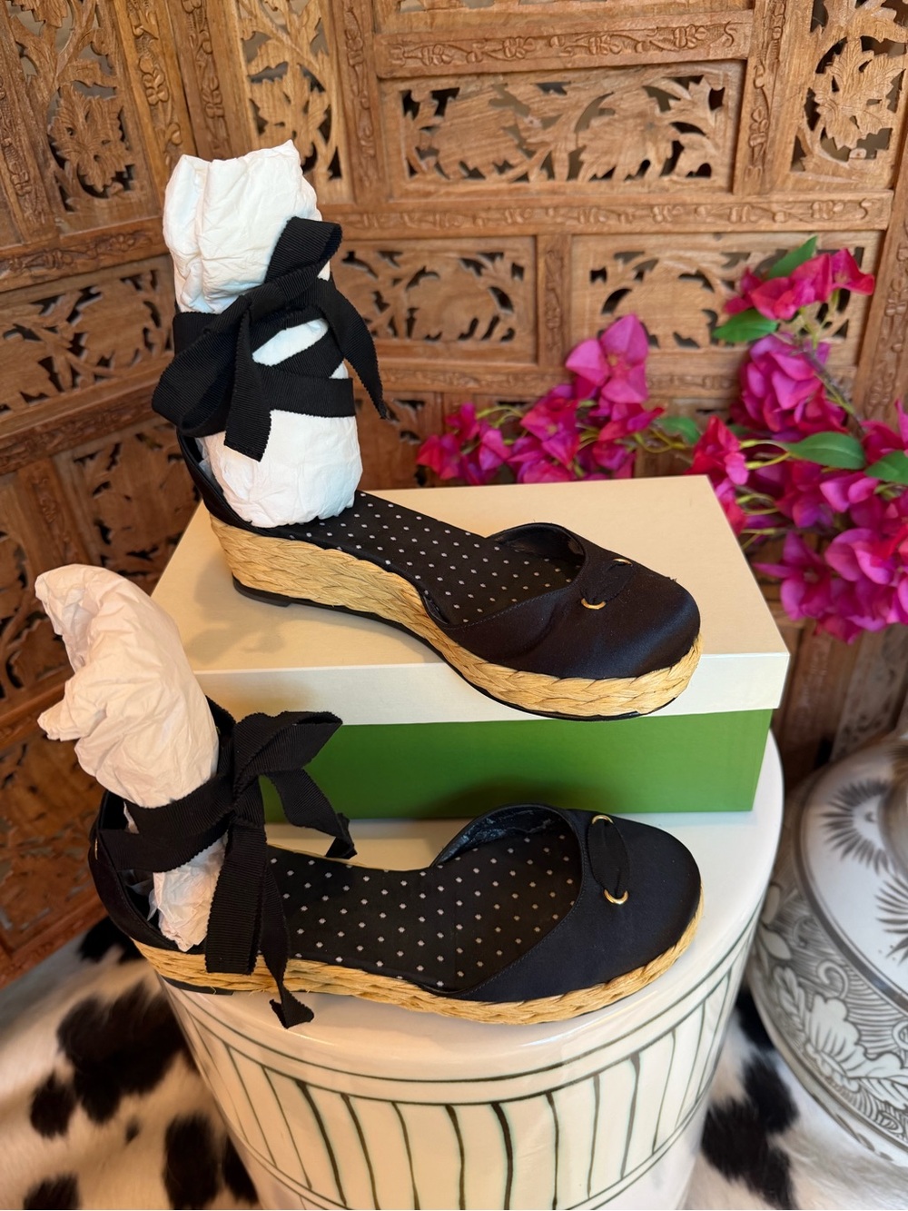 kate spade Black Espadrille Wedge Ankle-Tie Flats with Natural Jute Platform